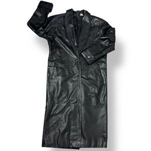 Black Leather Womens Trench Coat Retro Vintage Pockets Sz 8